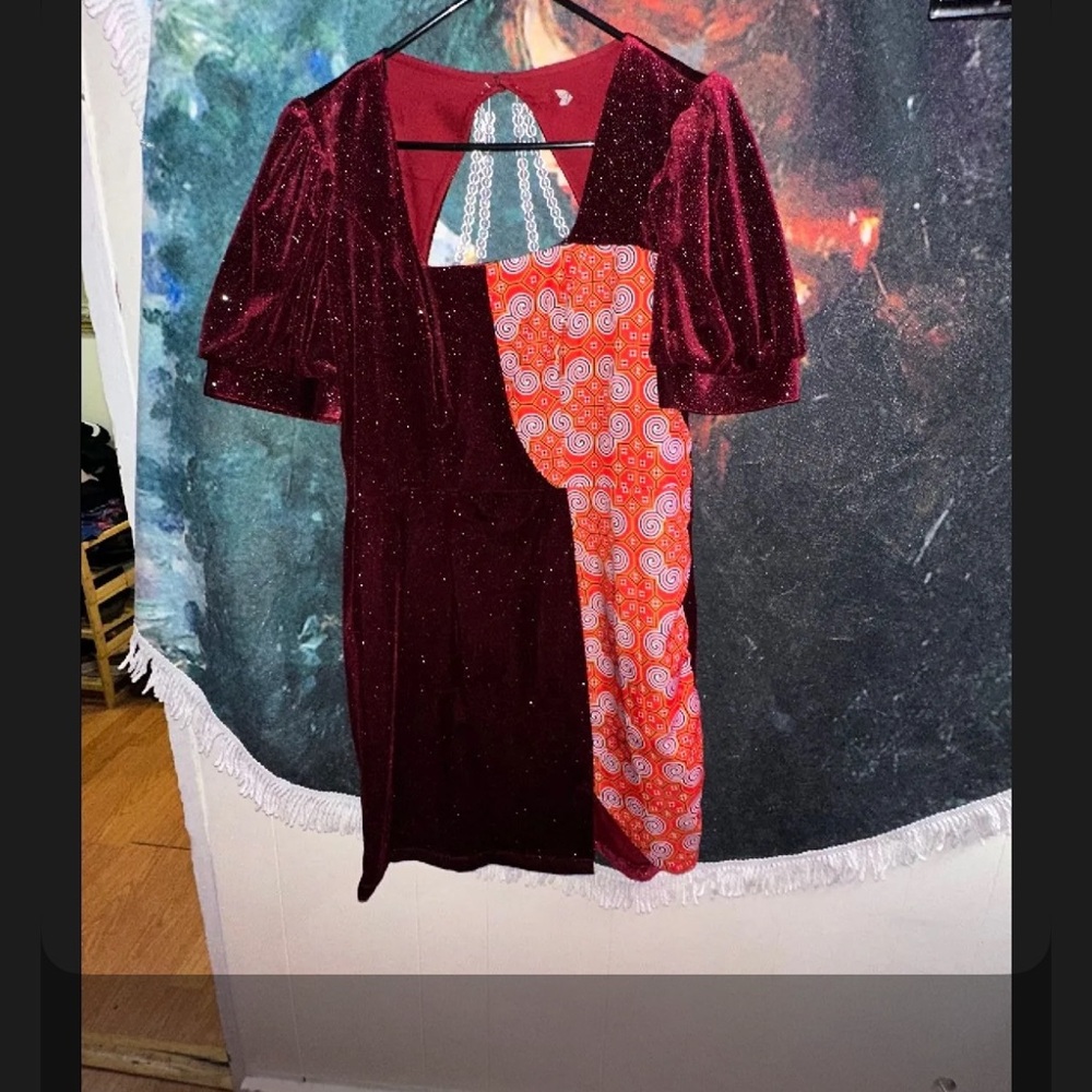 Vintage Elegant Burgundy and Orange Women's Dress
